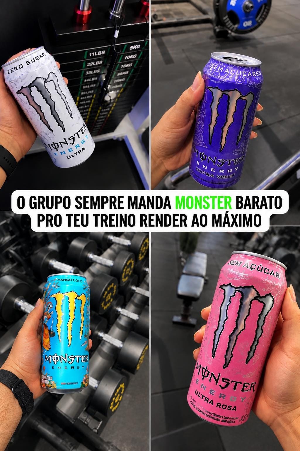 Seleção de energéticos Monster ilustrando as ofertas compartilhadas no grupo